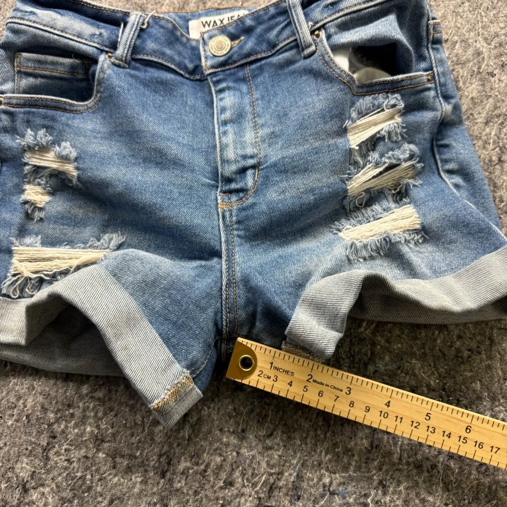 Wax Jean Distressed Denim Shorts Medium Wash High Rise Cuffed Size M 90233